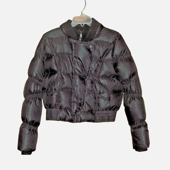 BCBG MAX AZRIA Angelica Down Bomber Motorcycle Puffer Jacket Black Sz M Medium - Picture 1 of 3